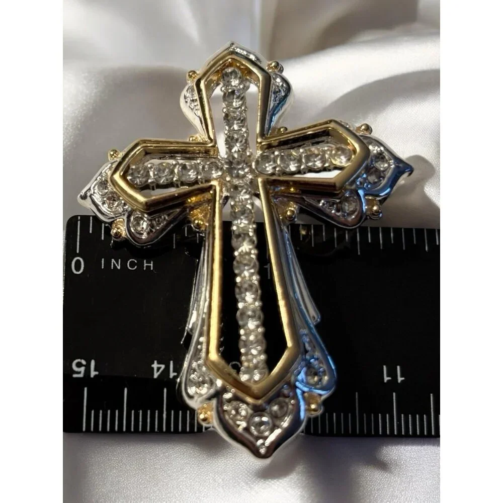 Napier Cross Brooch Pin Gold & Silver Tone Clear Rhinestones Open Work Religious